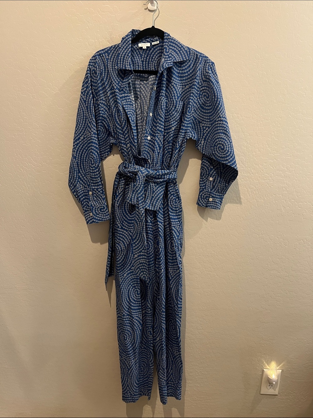 Rhode Blue Patterned pantsuit with Waist Tie and small pouch size Medium